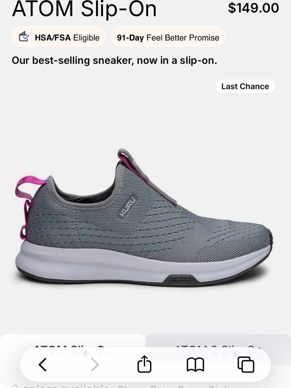 KURU ATOM Slip-On Sneaker in Gray with Pink Accents